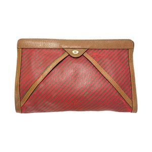 GUCCI Vintage RARE Green & Red Classic Web Motif Print Pouch with Leather Trim
